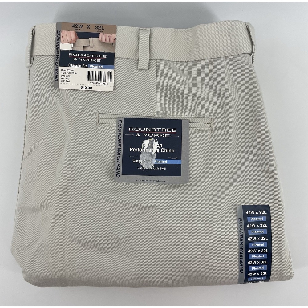 Roundtree & Yorke Performance Chino Mens 42x32(31) Tan Pleated Classic Fit NWT